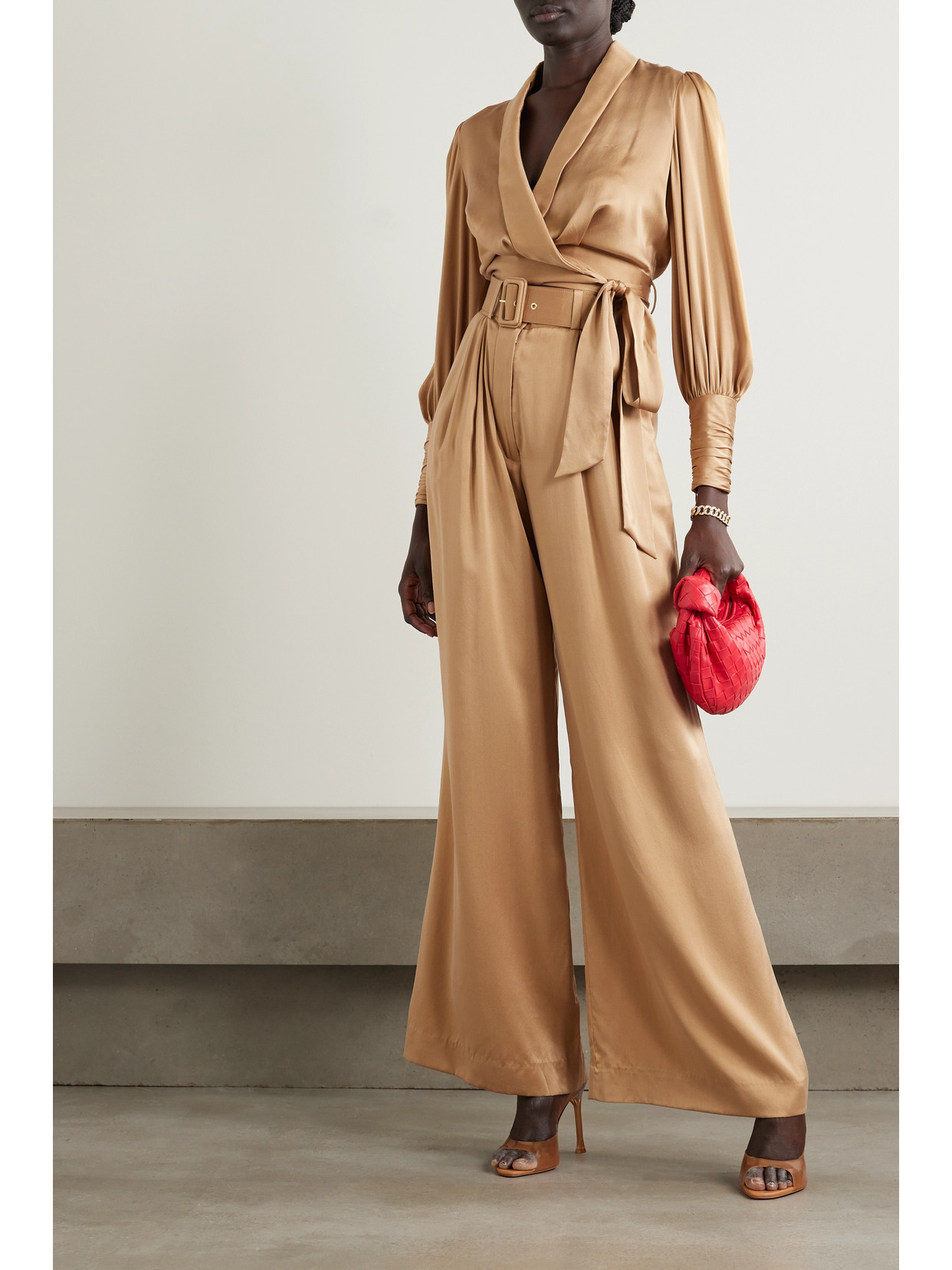 Shop Zimmermann Belted Pleated Silk-satin Wide-leg Pants In Neutrals