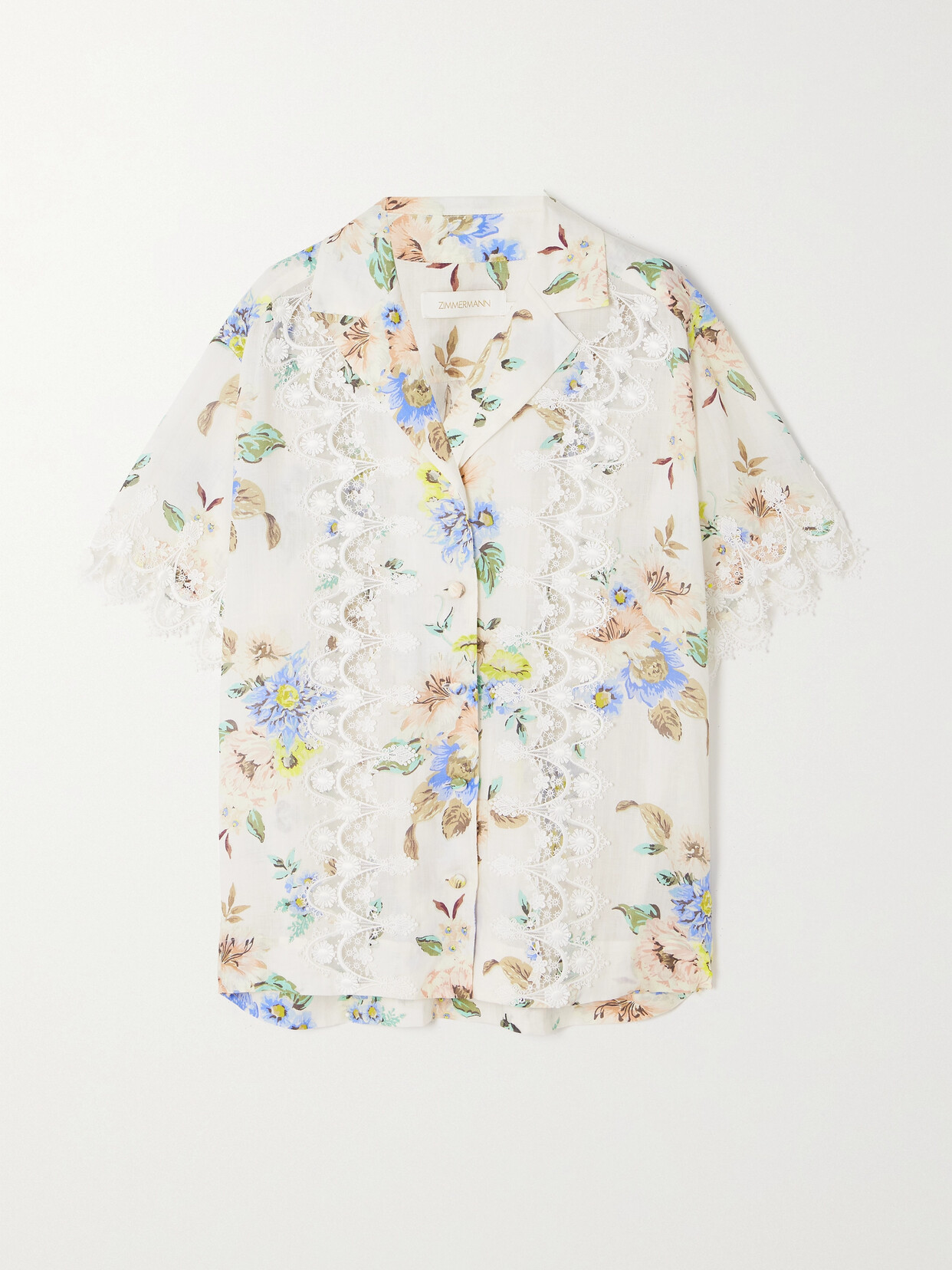Zimmermann - Guipure Lace-trimmed Floral-print Ramie Shirt - Blue