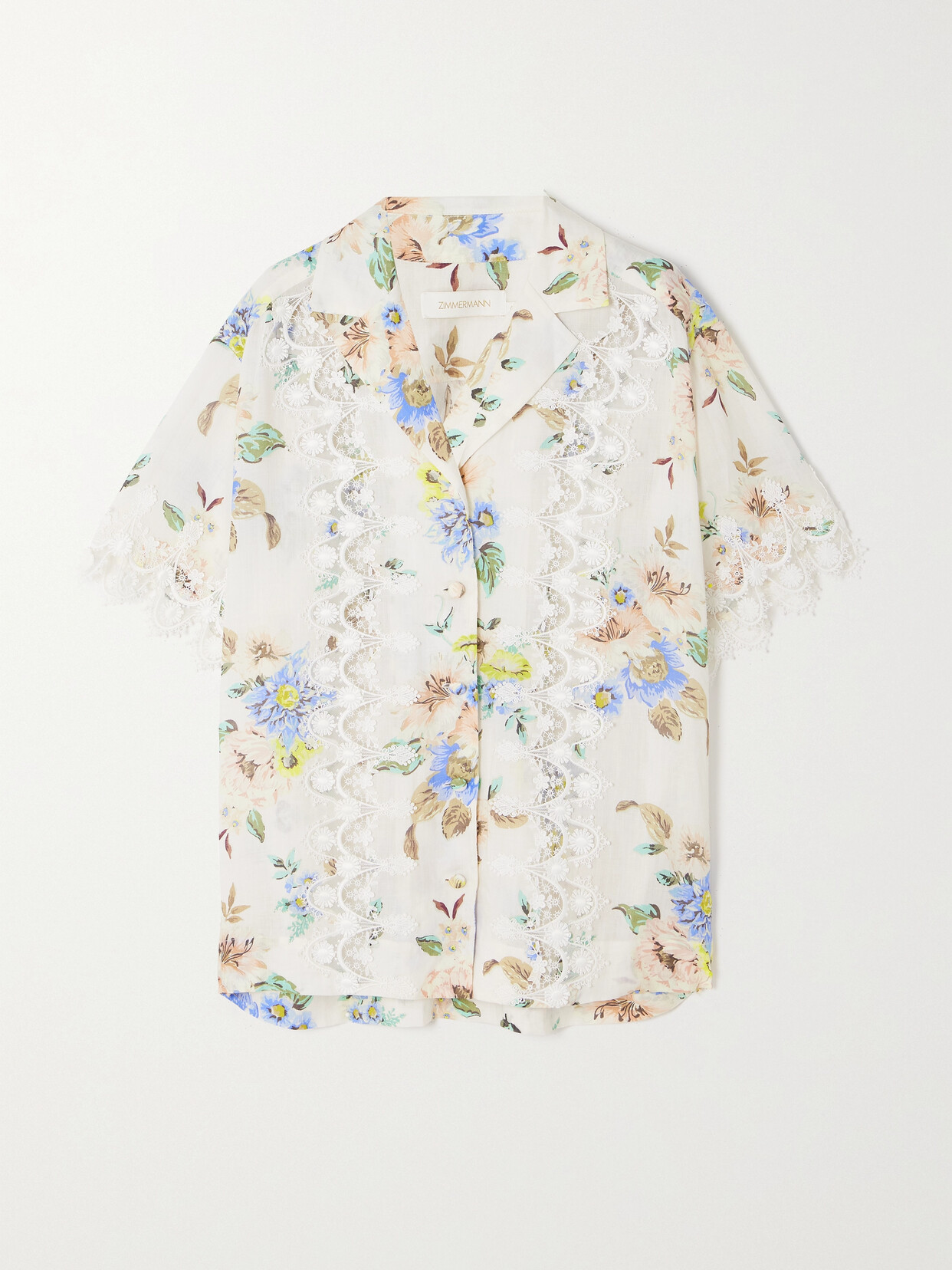 Shop Zimmermann Guipure Lace-trimmed Floral-print Ramie Shirt In Blue