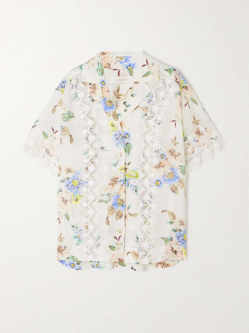 Zimmermann Guipure Lace-trimmed Floral-print Ramie Shirt