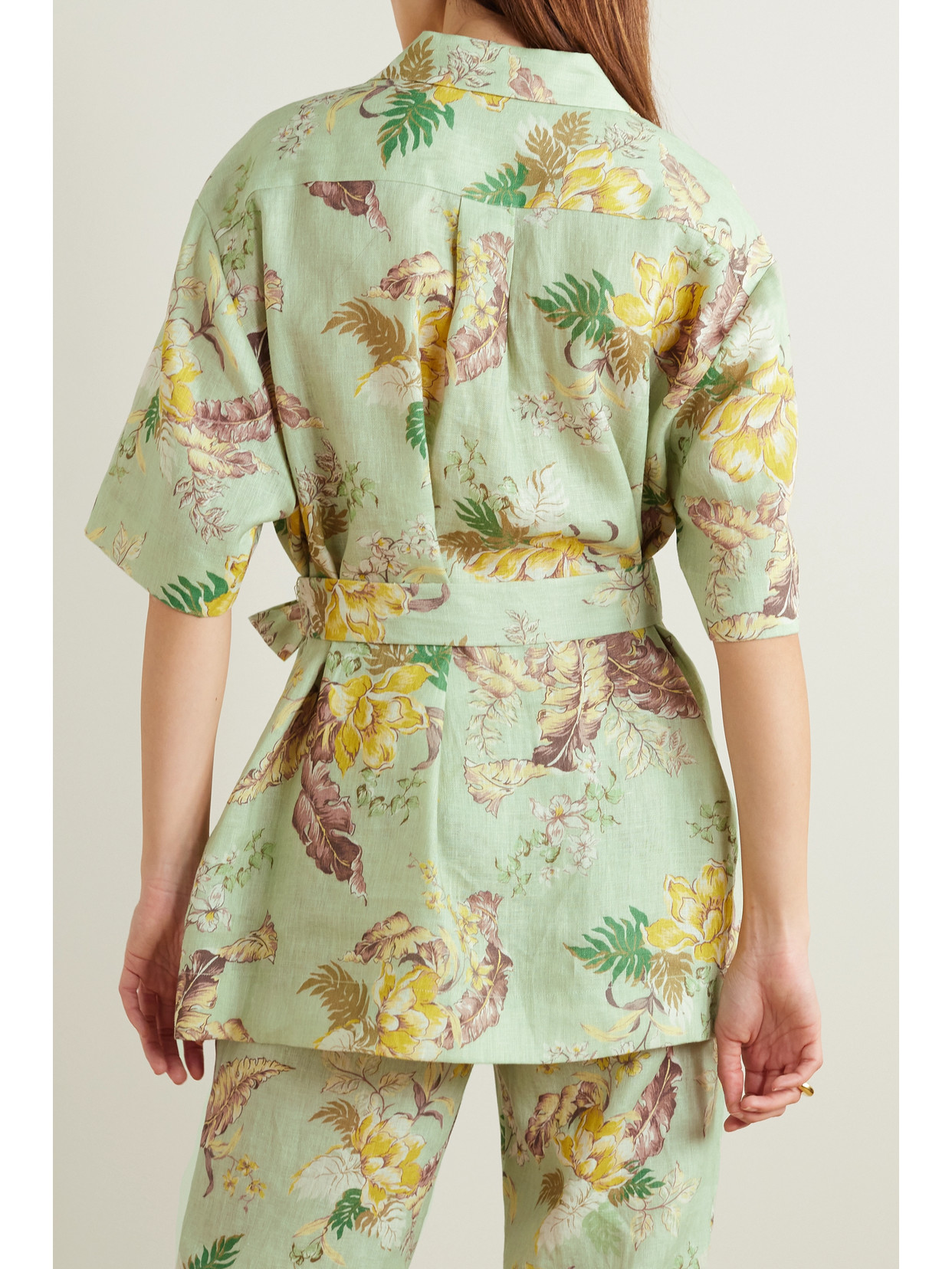 Zimmermann Matchmaker Belted Floral-print Linen Shirt In Green