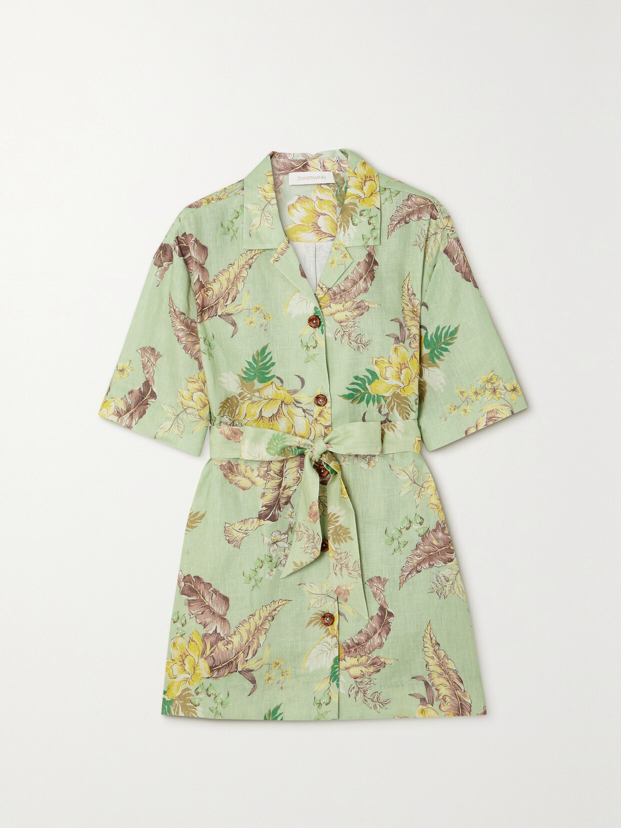 Zimmermann Matchmaker Belted Floral-print Linen Shirt In Green