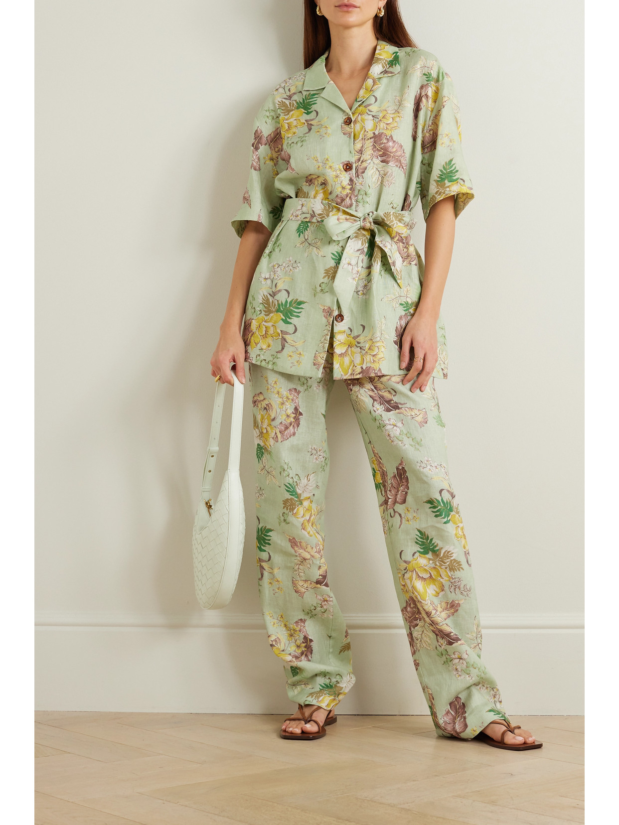 Zimmermann Matchmaker Belted Floral-print Linen Shirt In Green