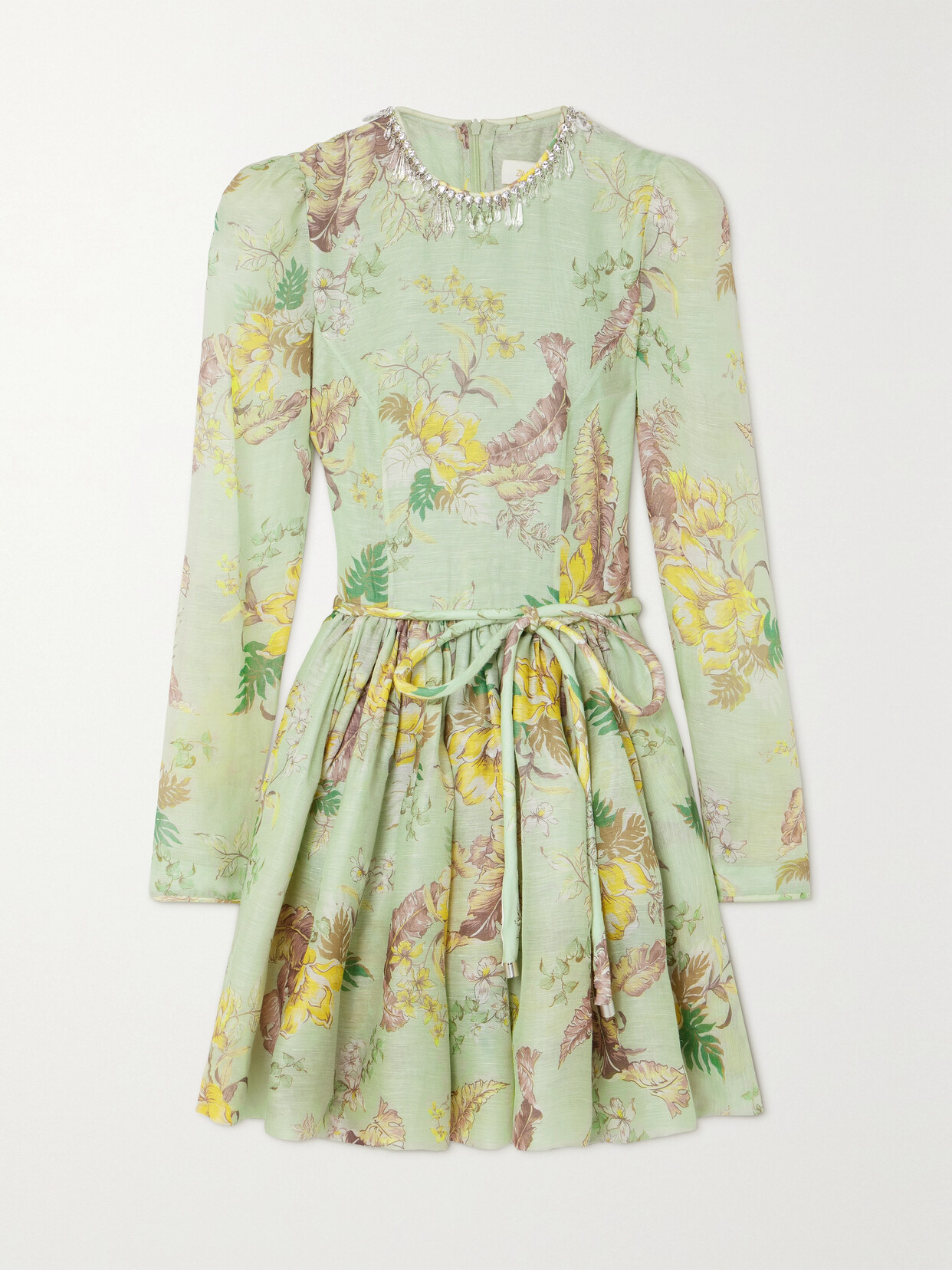 Zimmermann Crystal-embellished Belted Floral-print Linen And Silk-blend Mini Dress - Green