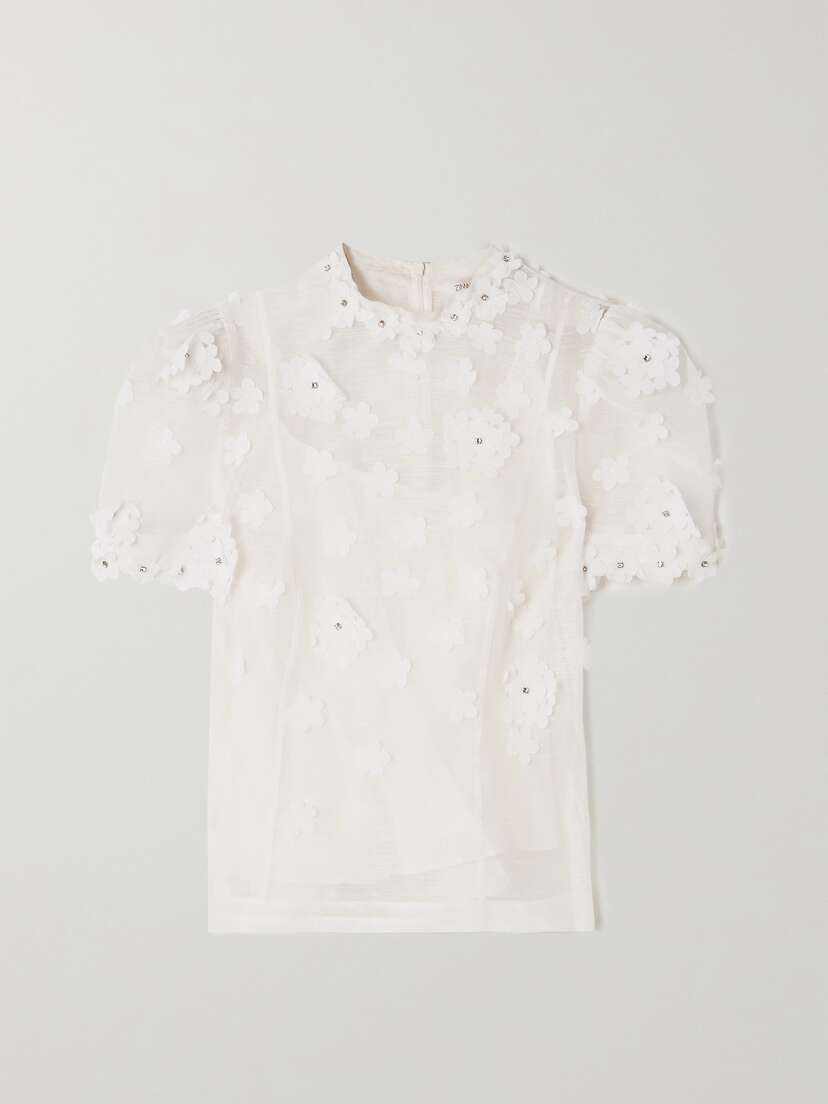 Zimmermann Matchmaker Crystal-embellished Appliquéd Linen And Silk-blend Top