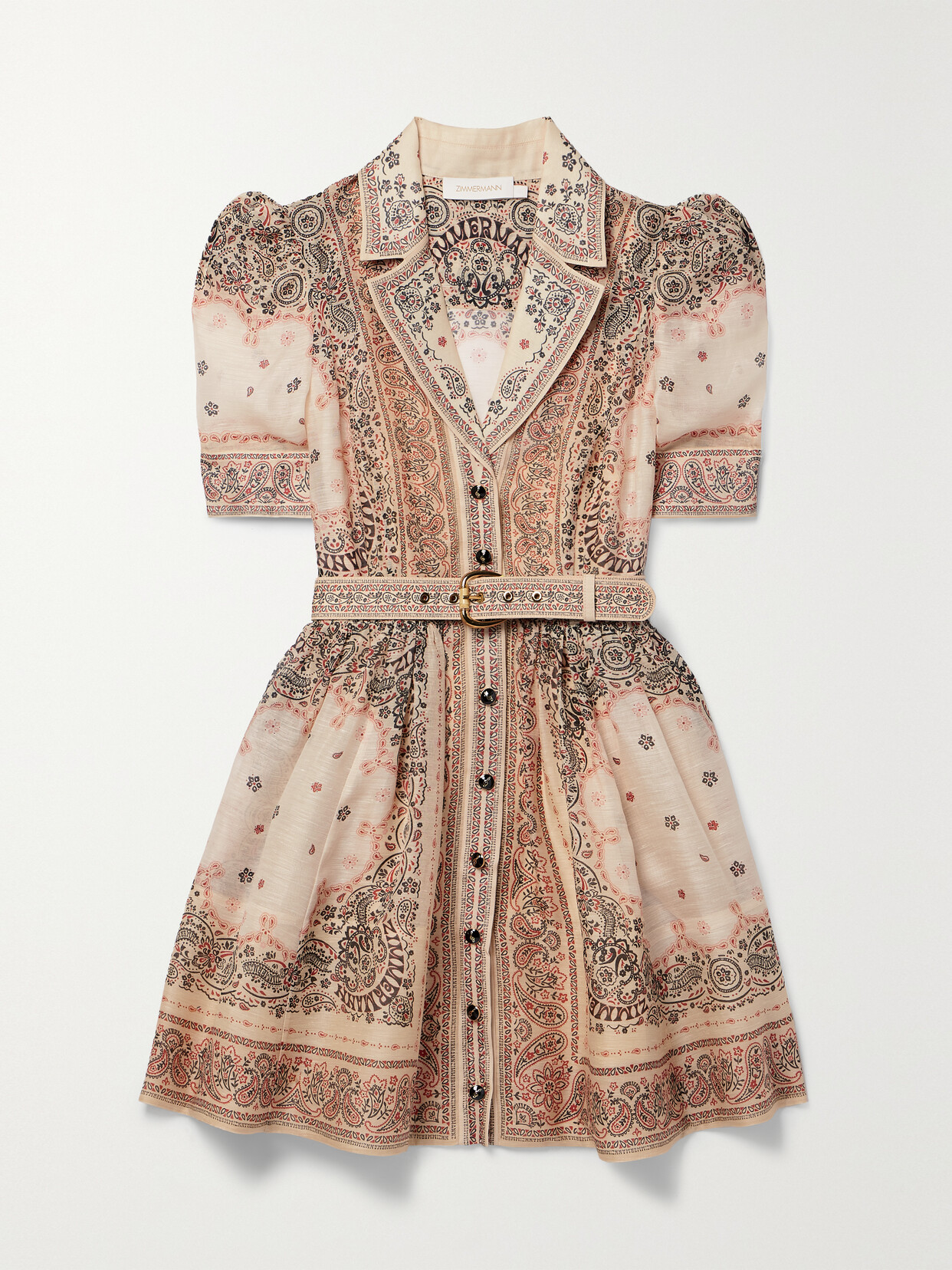 Shop Zimmermann Matchmaker Belted Paisley-print Linen And Silk-blend Mini Dress In Cream