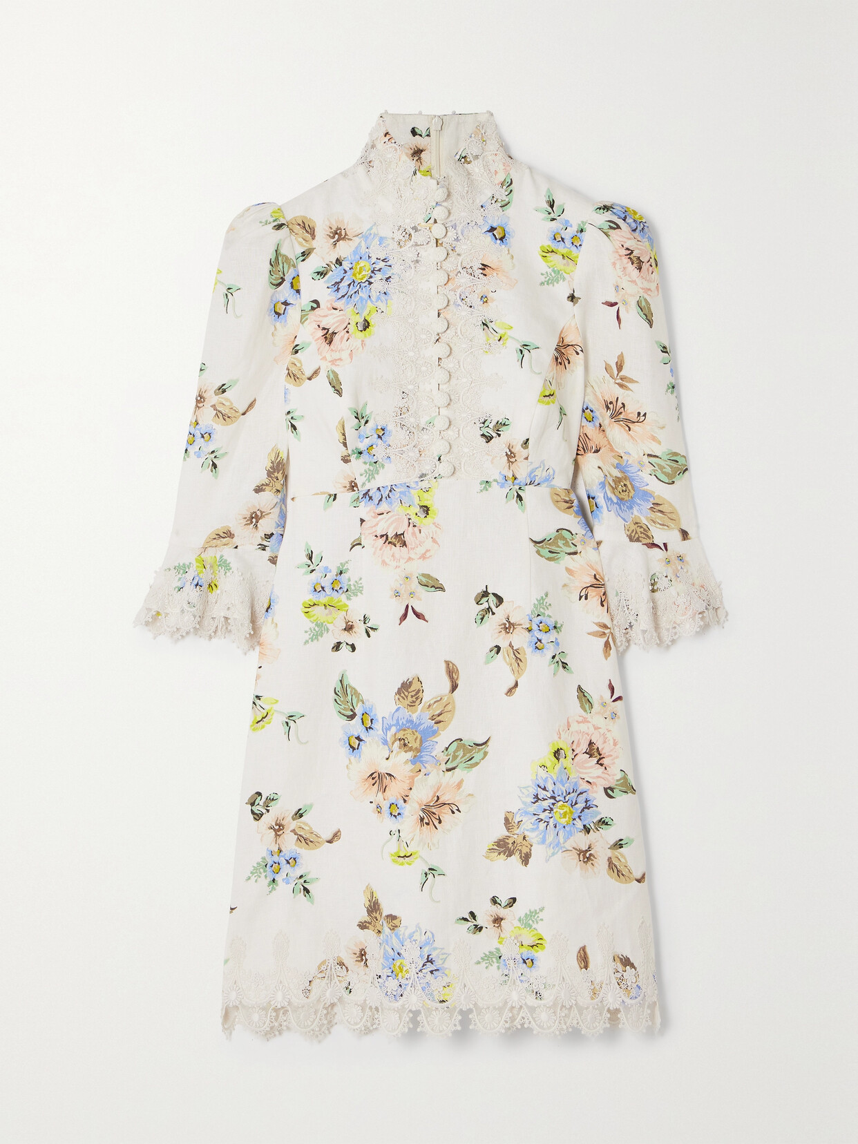 Zimmermann Applique Floral-print Linen Dress In Blue