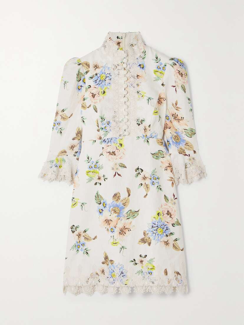 Zimmermann + Net Sustain Crochet-trimmed Floral-print Linen Mini Dress