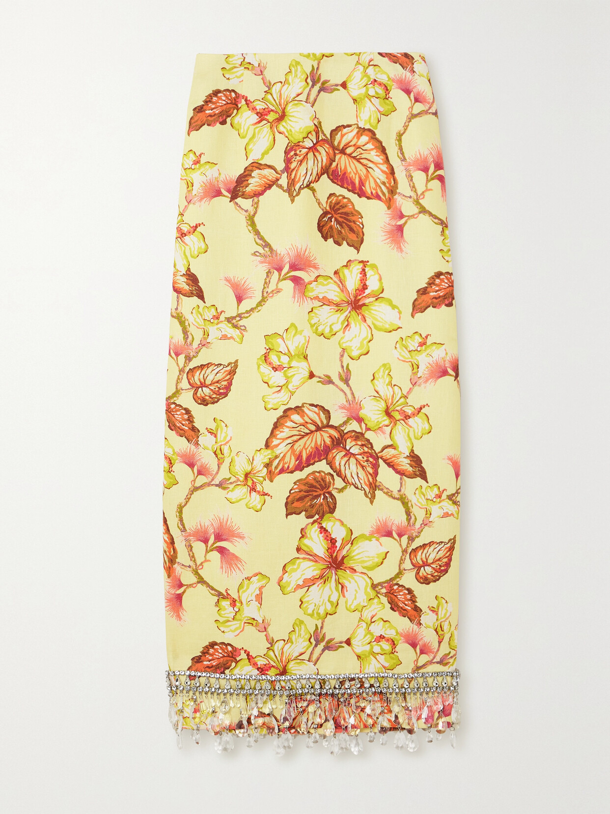 Shop Zimmermann Matchmaker Crystal-embellished Floral-print Linen Midi Skirt In Yellow