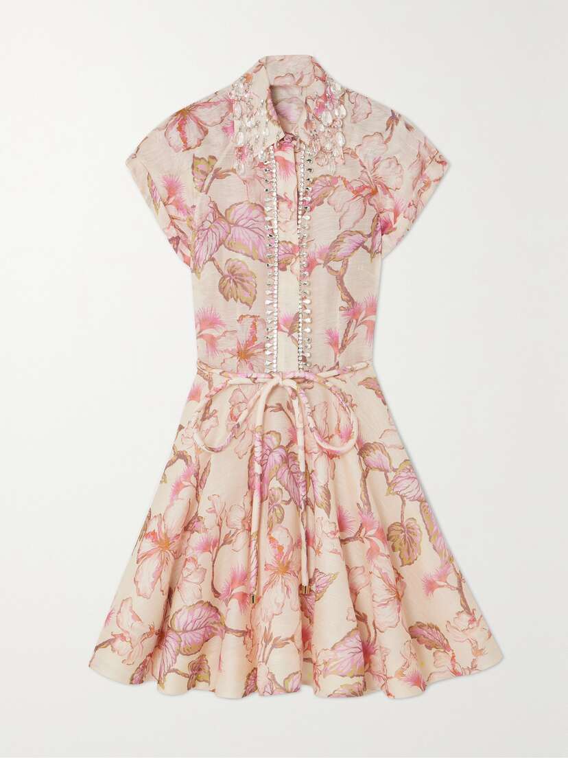 Zimmermann Matchmaker Embellished Floral-print Linen And Silk-blend Mini Dress