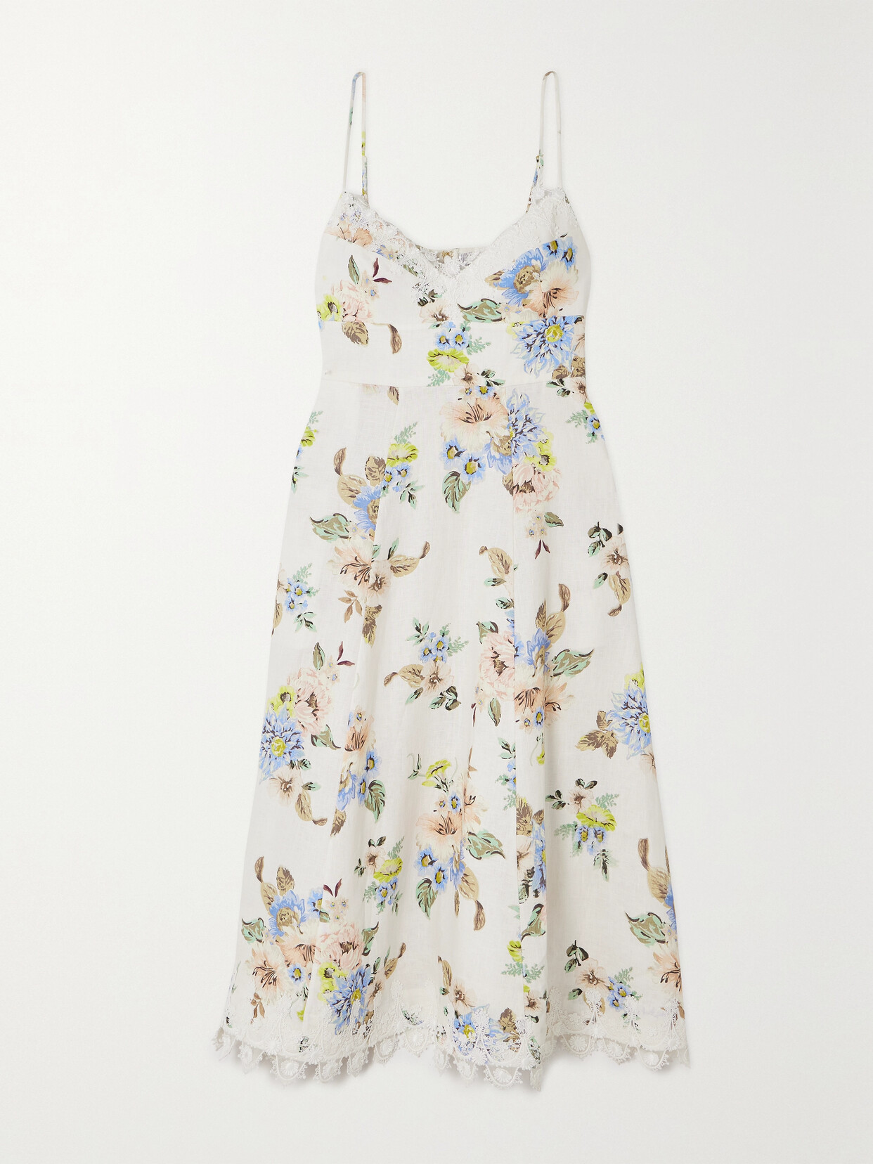 Zimmermann + Net Sustain Guipure Lace-trimmed Floral-print Linen Midi Dress - Blue