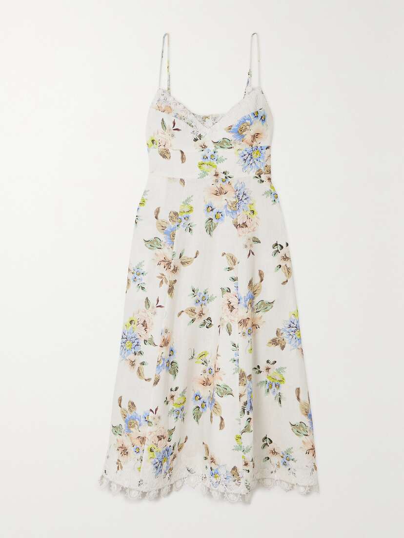 Zimmermann Guipure Lace-trimmed Floral-print Linen Midi Dress