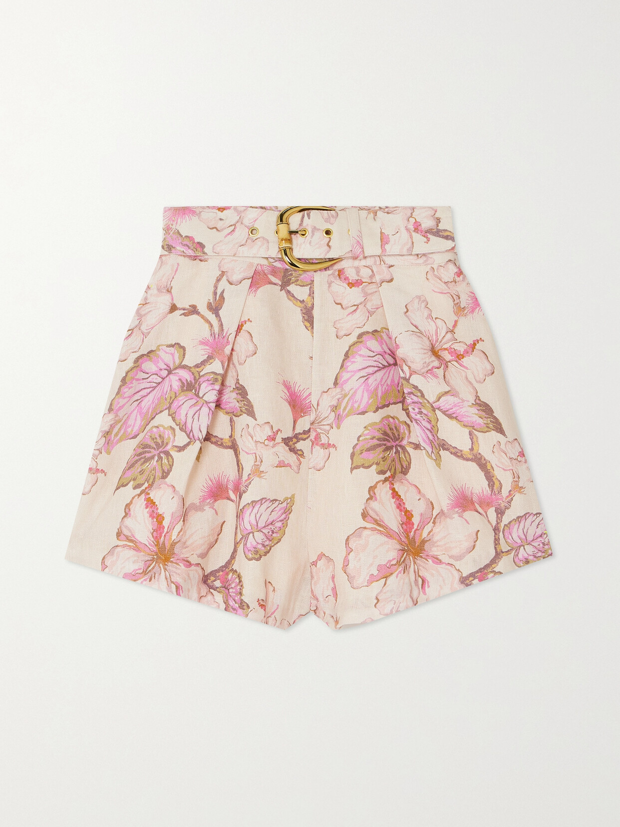 Zimmermann Matchmaker Belted Pleated Floral-print Linen Shorts In Coral Hibiscus