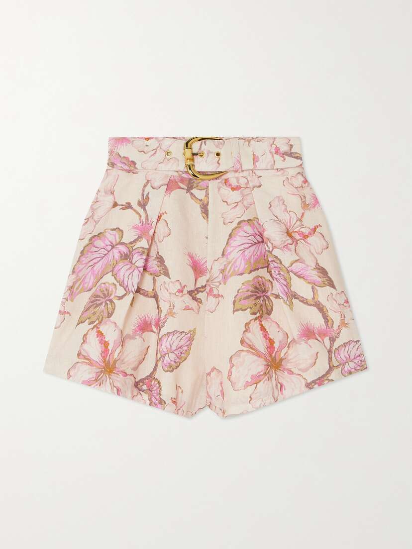 Zimmermann Matchmaker Belted Pleated Floral-print Linen Shorts