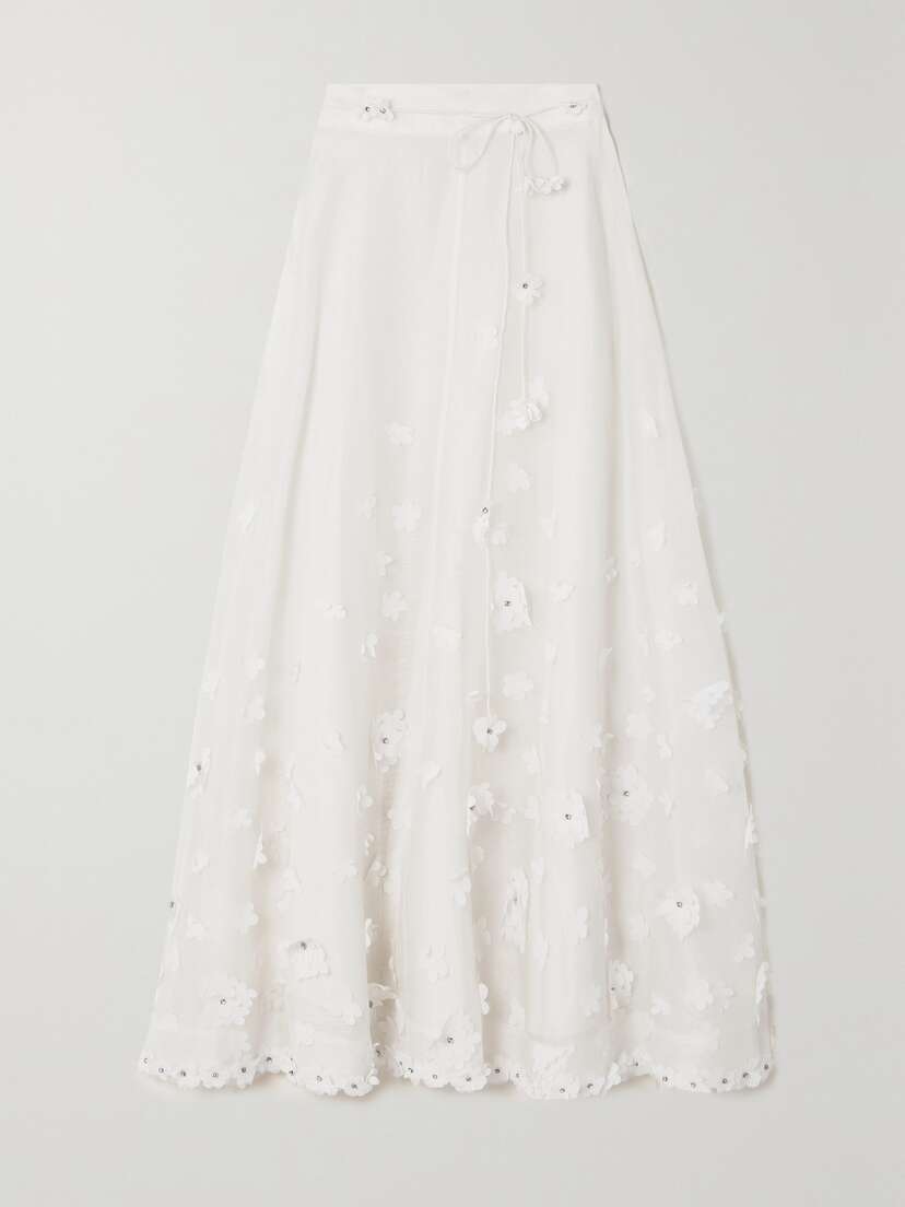 Zimmermann Matchmaker Lift Off Appliquéd Linen And Silk-blend Midi Skirt