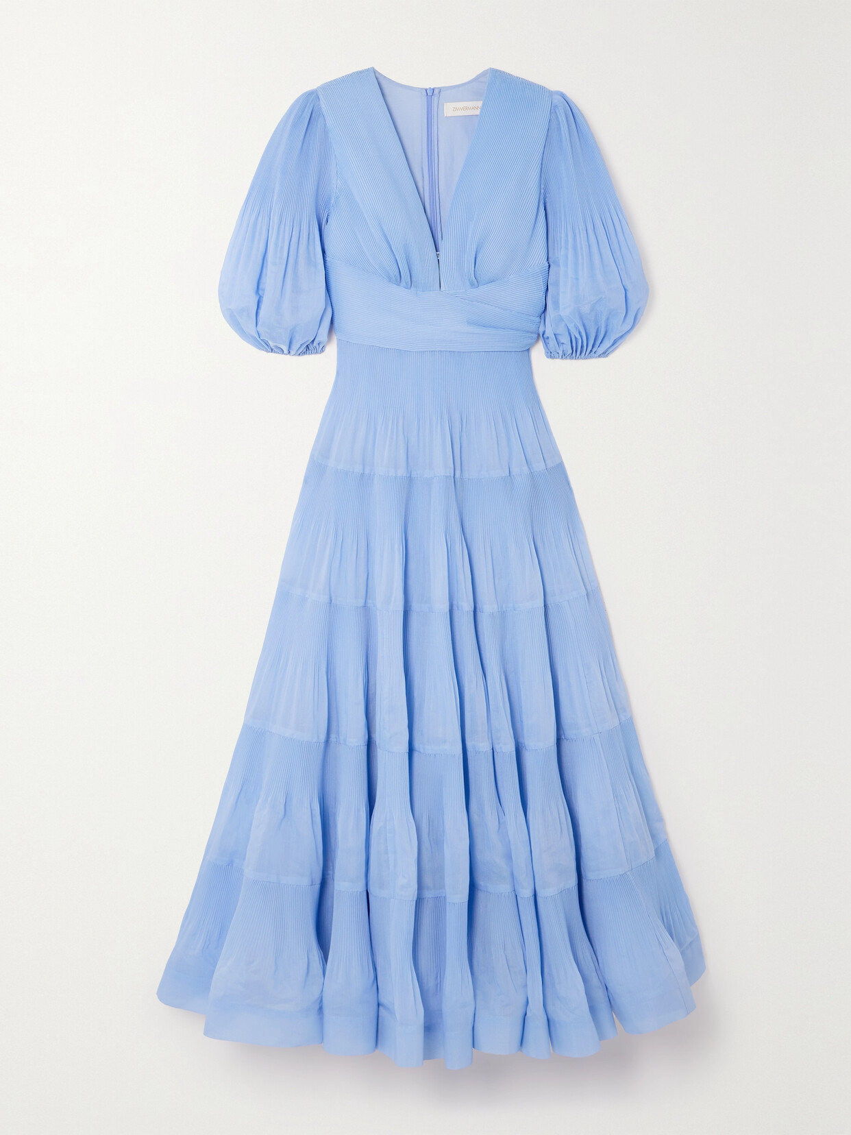 Shop Zimmermann Tiered Plissé-taffeta Midi Dress In Blue