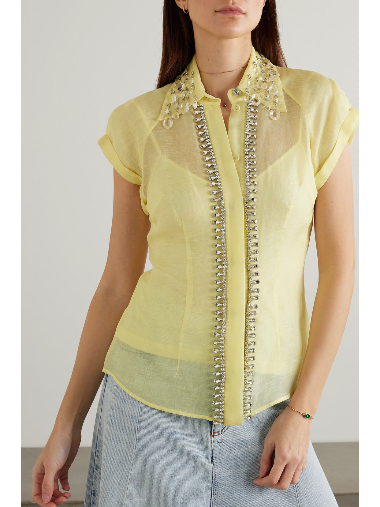 Shop Zimmermann Matchmaker Crystal-embellished Linen And Silk-blend Shirt In Yellow