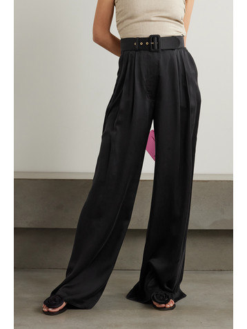 Zimmermann Belted pleated silk-satin wide-leg pants
