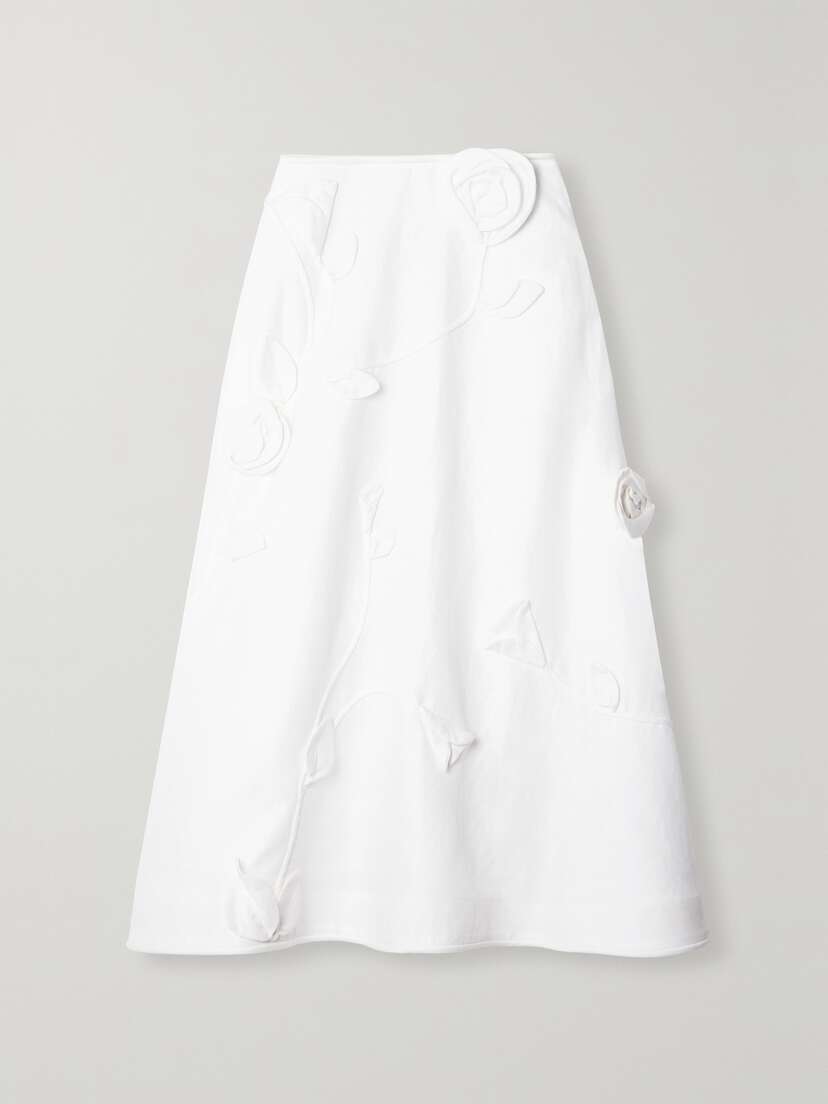 Zimmermann Matchmaker Rose Flare Appliquéd Linen Midi Skirt