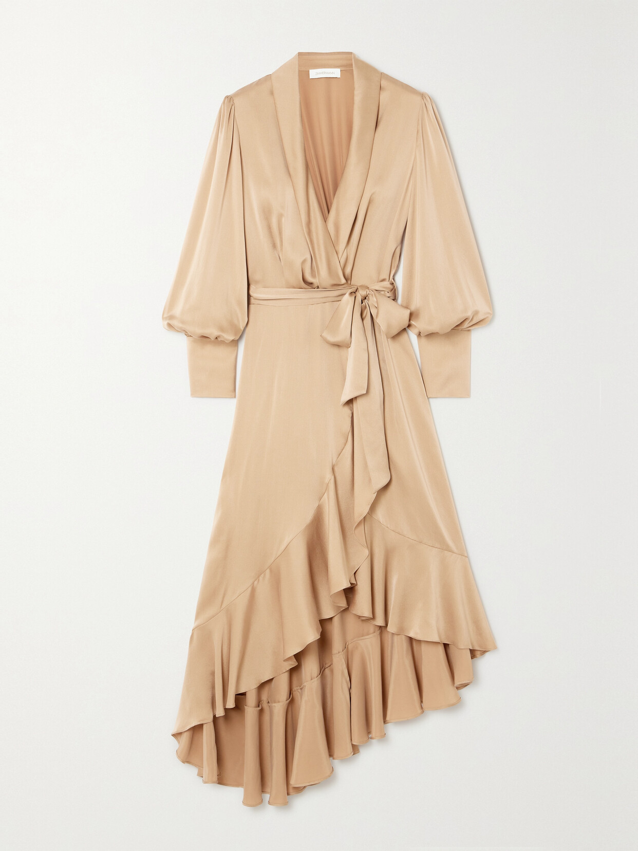 Zimmermann Asymmetric Ruffled Duchesse Silk-satin Midi Wrap Dress In Neutrals