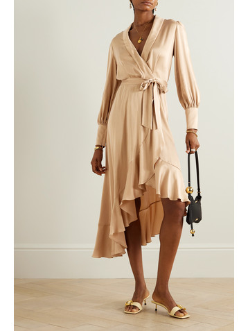 Zimmermann Asymmetric ruffled duchesse silk-satin midi wrap dress