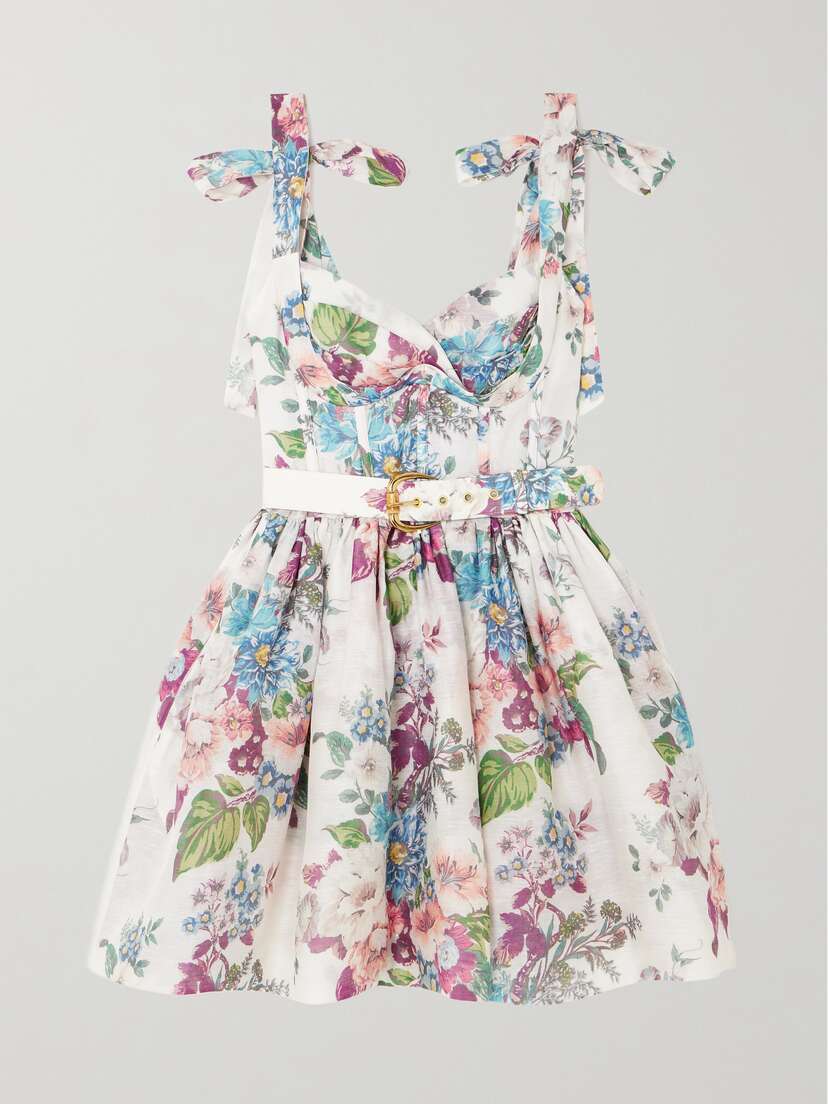 Zimmermann Matchmaker Belted Printed Linen And Silk-blend Mini Dress