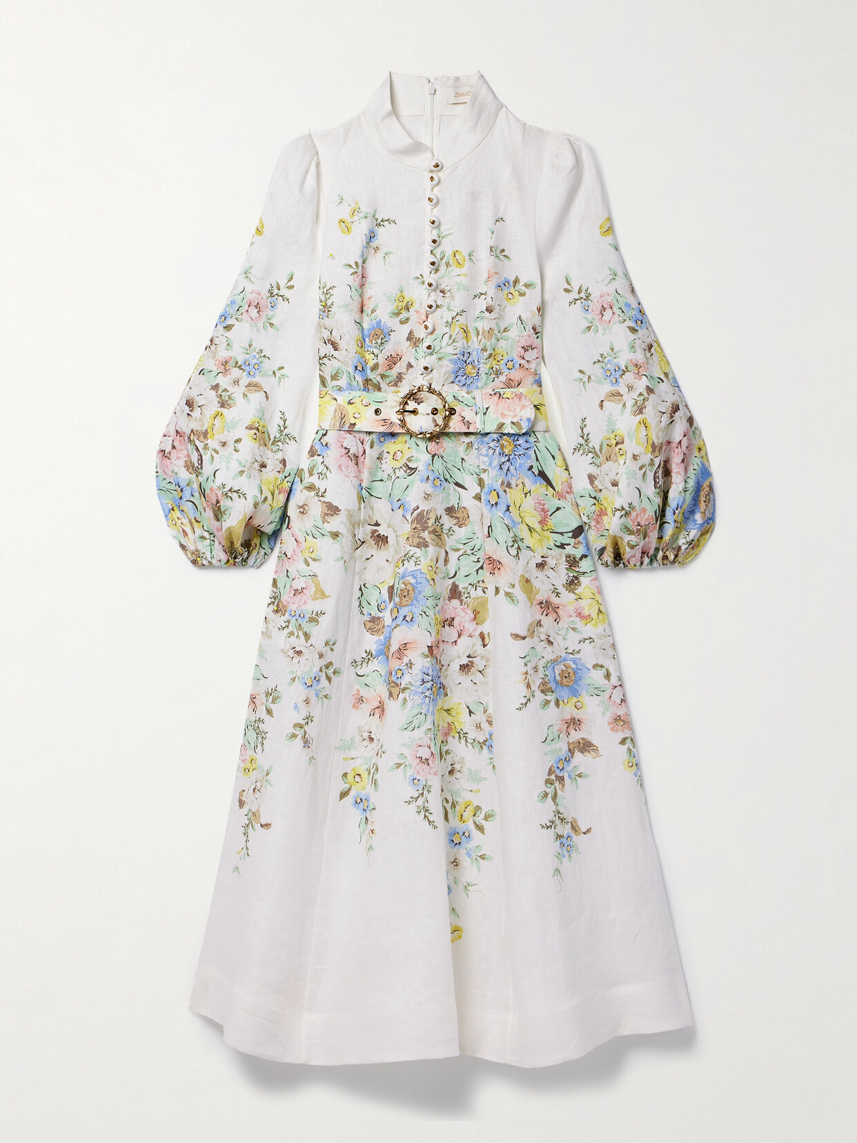 Zimmermann Matchmaker Floral Belted Linen Midi Dress In Cream
