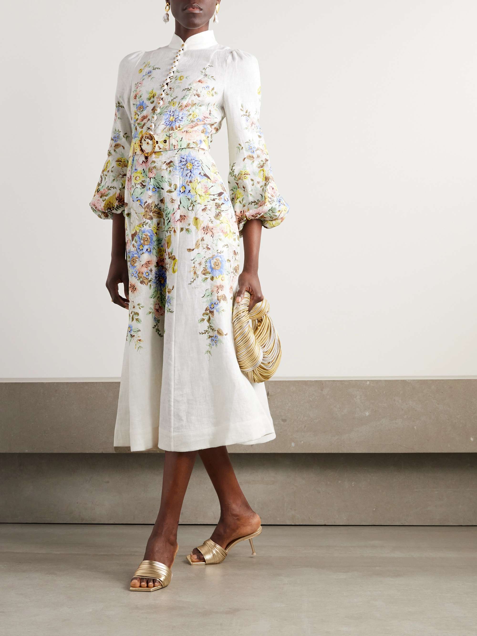ZIMMERMANN リネン ミディ丈ワンピース フローラルプリント