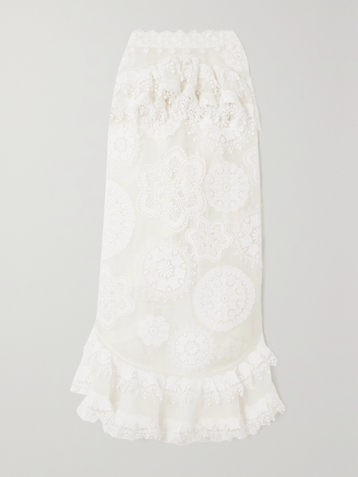 Zimmermann Matchmaker Asymmetric Lace-trimmed Linen And Silk-blend Midi Skirt In Ivory