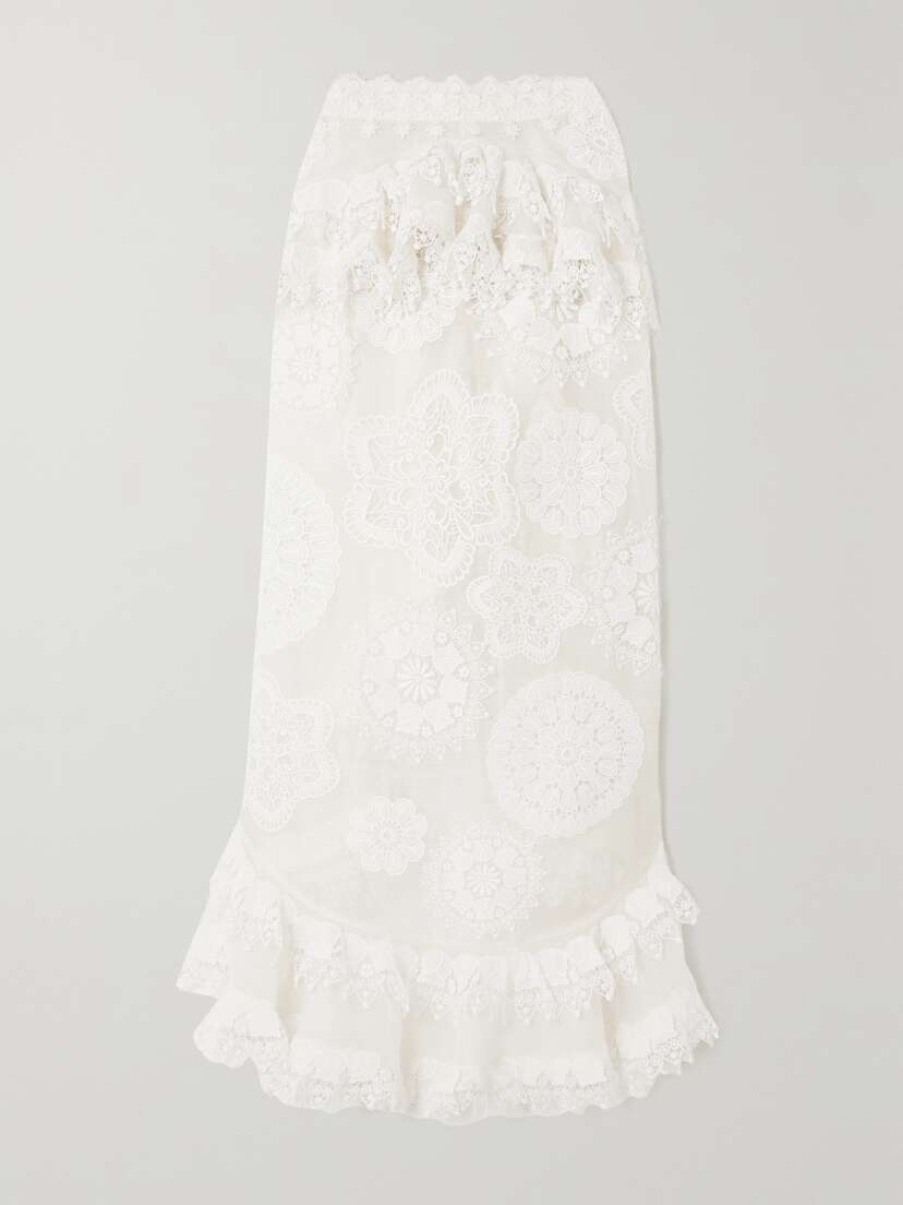 Zimmermann Matchmaker Asymmetric Lace-trimmed Linen And Silk-blend Midi Skirt
