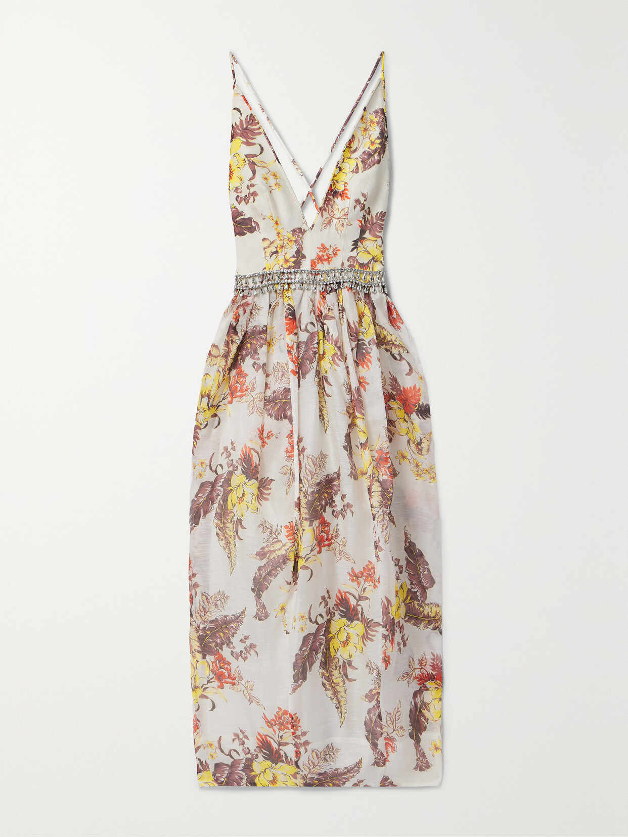 Shop Zimmermann Matchmaker Embellished Floral-print Linen And Silk-blend Midi Dress In Ivory