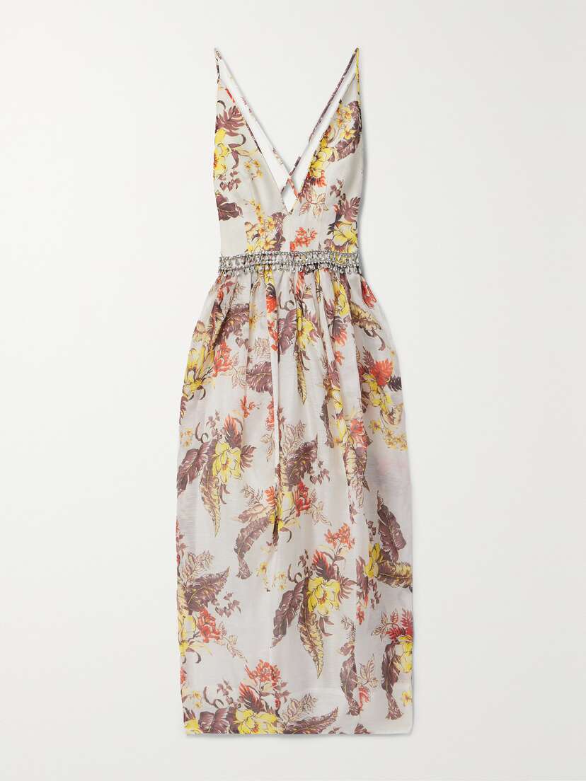 Zimmermann Matchmaker Embellished Floral-print Linen And Silk-blend Midi Dress
