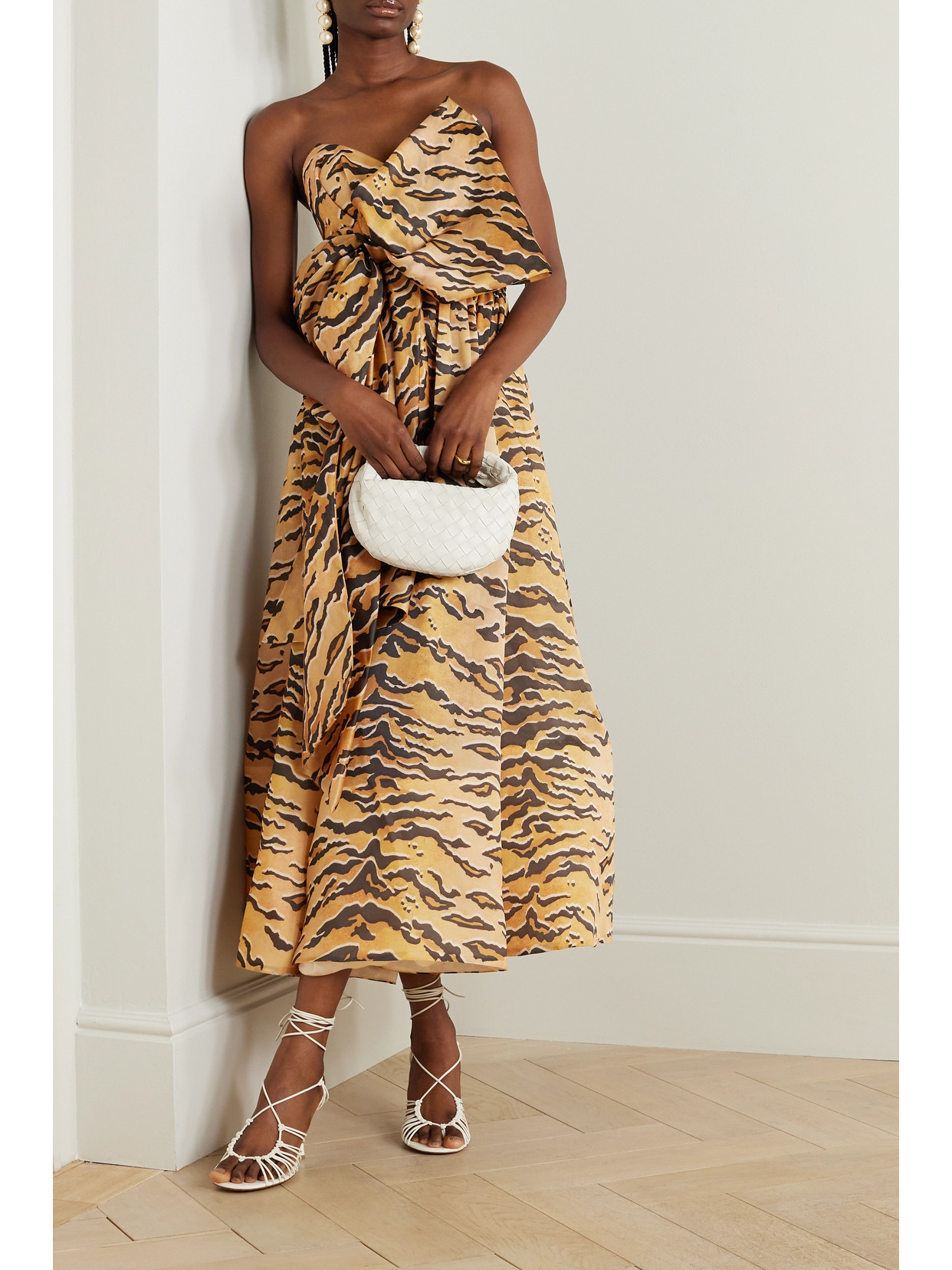 Shop Zimmermann Matchmaker Bow-detailed Tiger-print Silk-faille Midi Dress In Brown