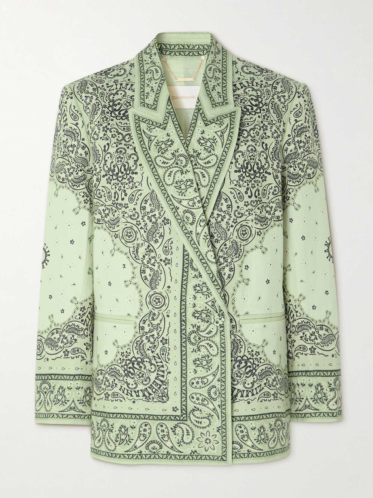 Shop Zimmermann Matchmaker Double-breasted Printed Linen Blazer In Green