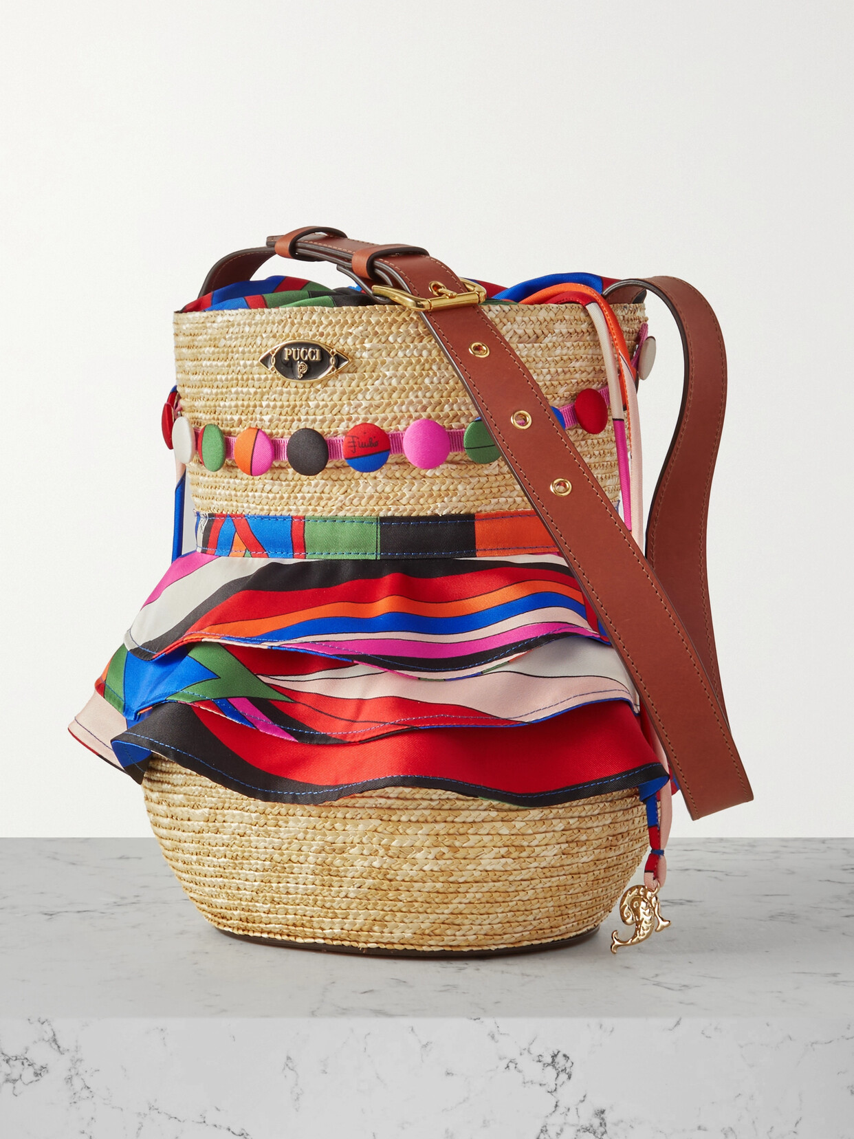 Pucci Nella Leather-trimmed Silk-twill And Raffia Bucket Bag In Brown