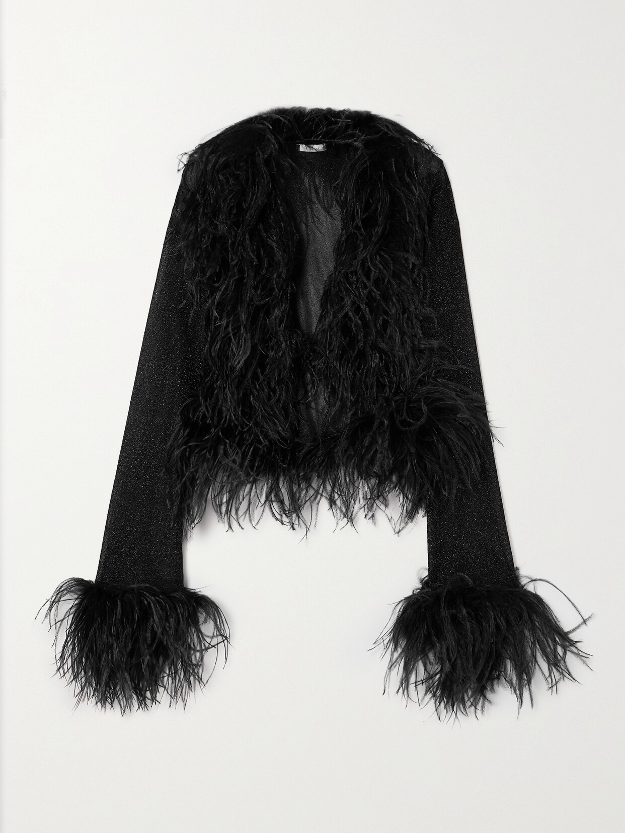 Oseree Lumiere Feather-trimmed Lurex Top In Black