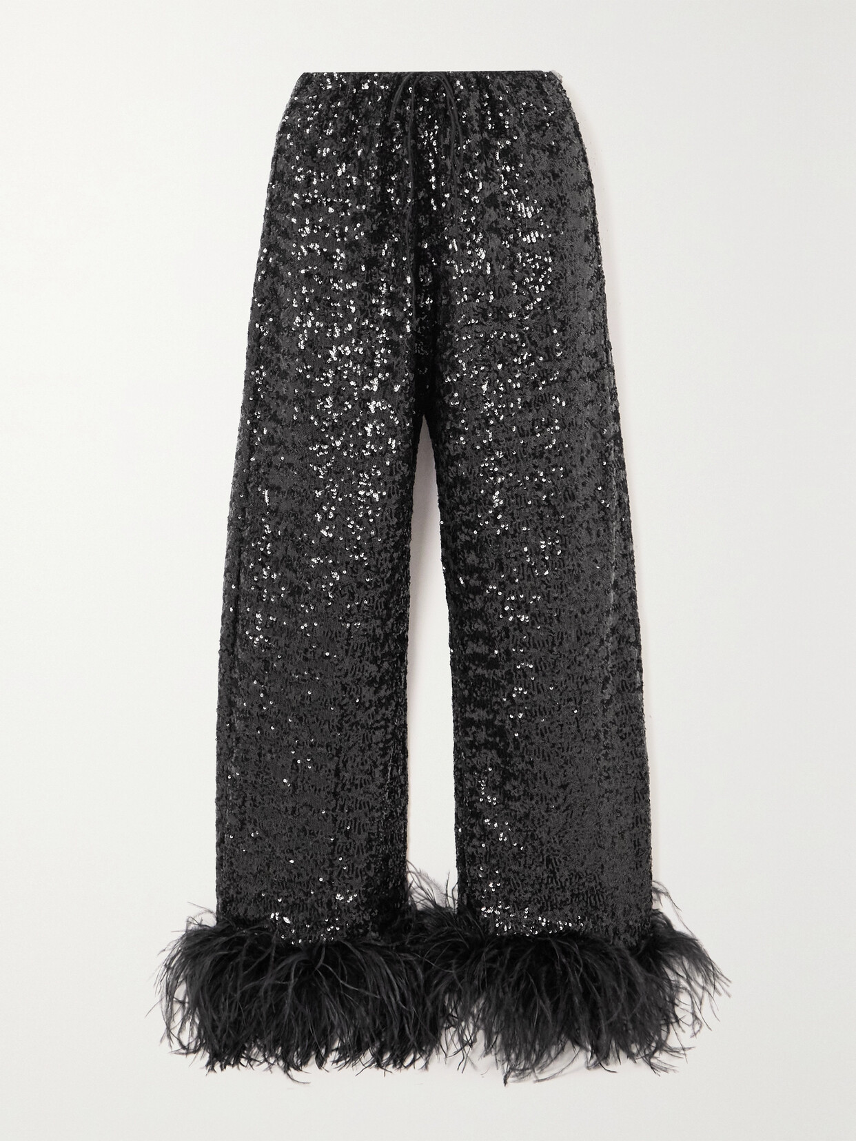 Oséree - Feather-trimmed Sequined Satin Straight-leg Pants - Black