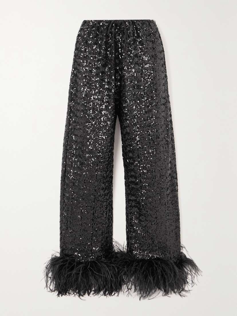 Oséree Feather-trimmed Sequined Satin Straight-leg Pants