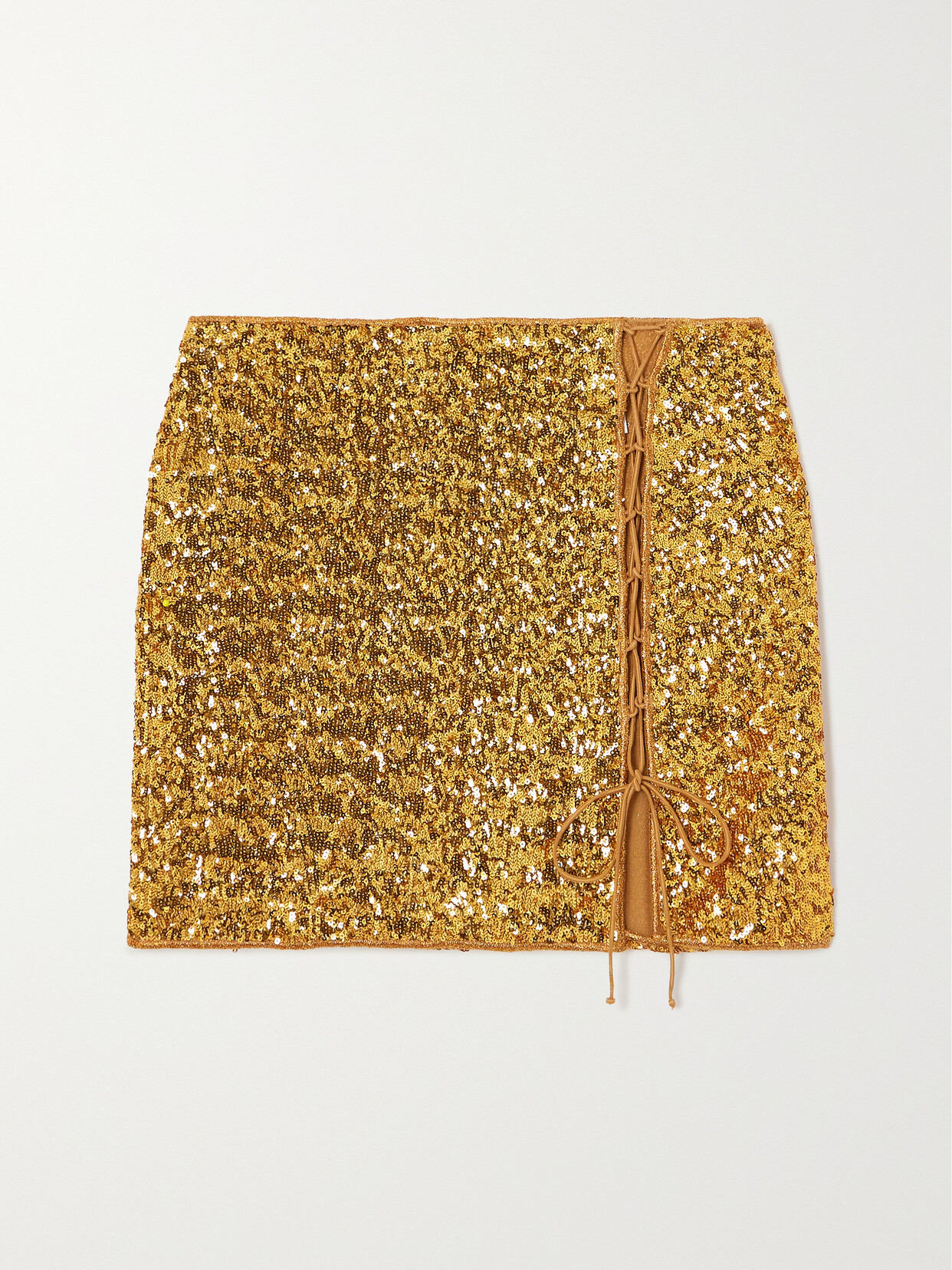 Oseree Lace-up Sequined Tulle Mini Skirt In Gold