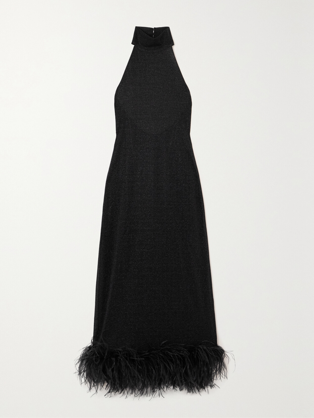 Shop Oseree Lumière Halterneck Feather-trimmed Metallic Stretch-knit Maxi Dress In Black