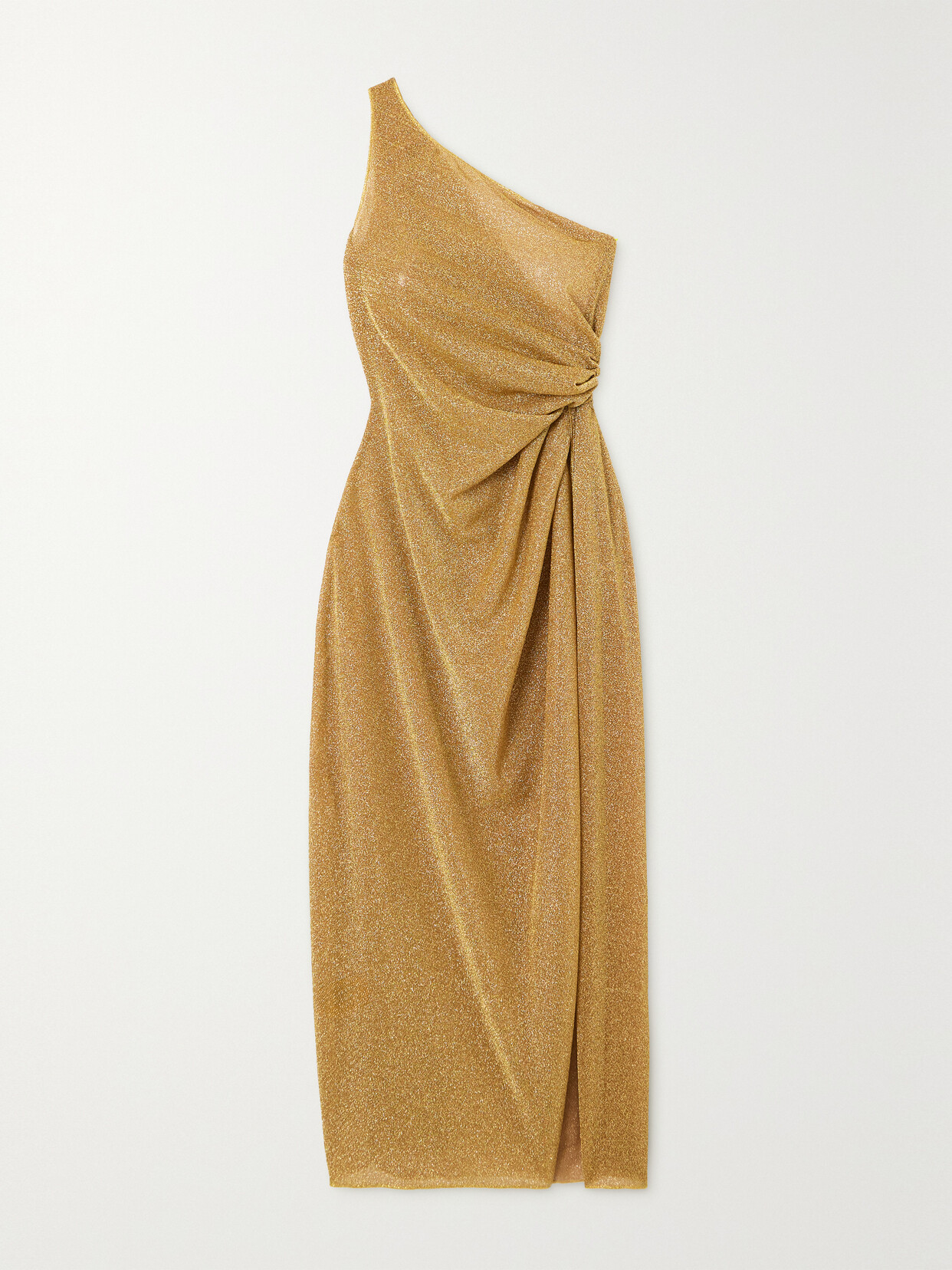 Oseree Lumière One-shoulder Gathered Metallic Stretch-knit Maxi Dress In Gold