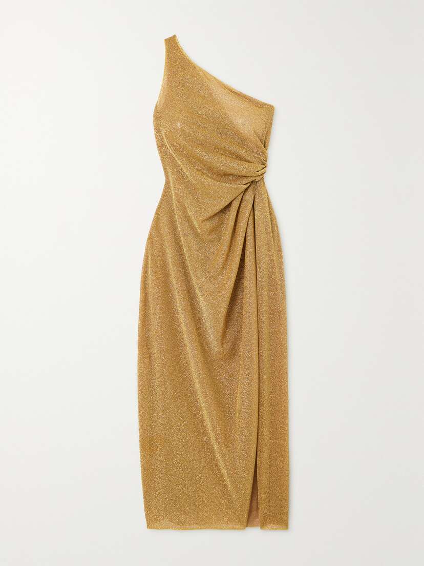 Oséree Lumière One-shoulder Gathered Metallic Stretch-knit Maxi Dress