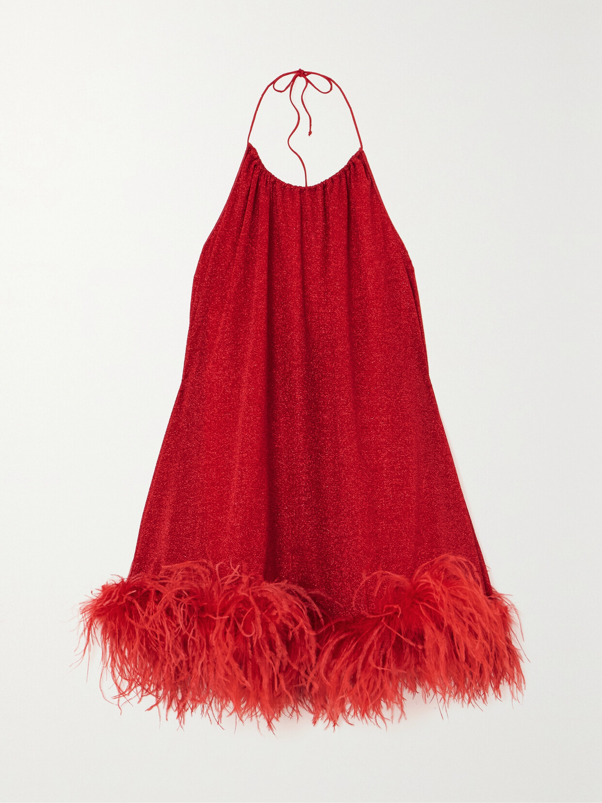 Oseree Lumière Feather-trimmed Metallic Stretch-knit Halterneck Mini Dress In Red