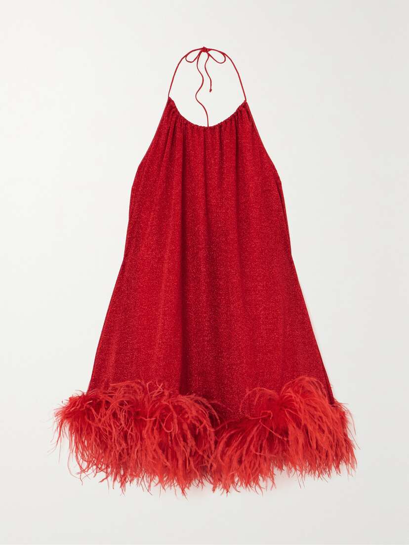 Oséree Lumière Feather-trimmed Metallic Stretch-knit Halterneck Mini Dress