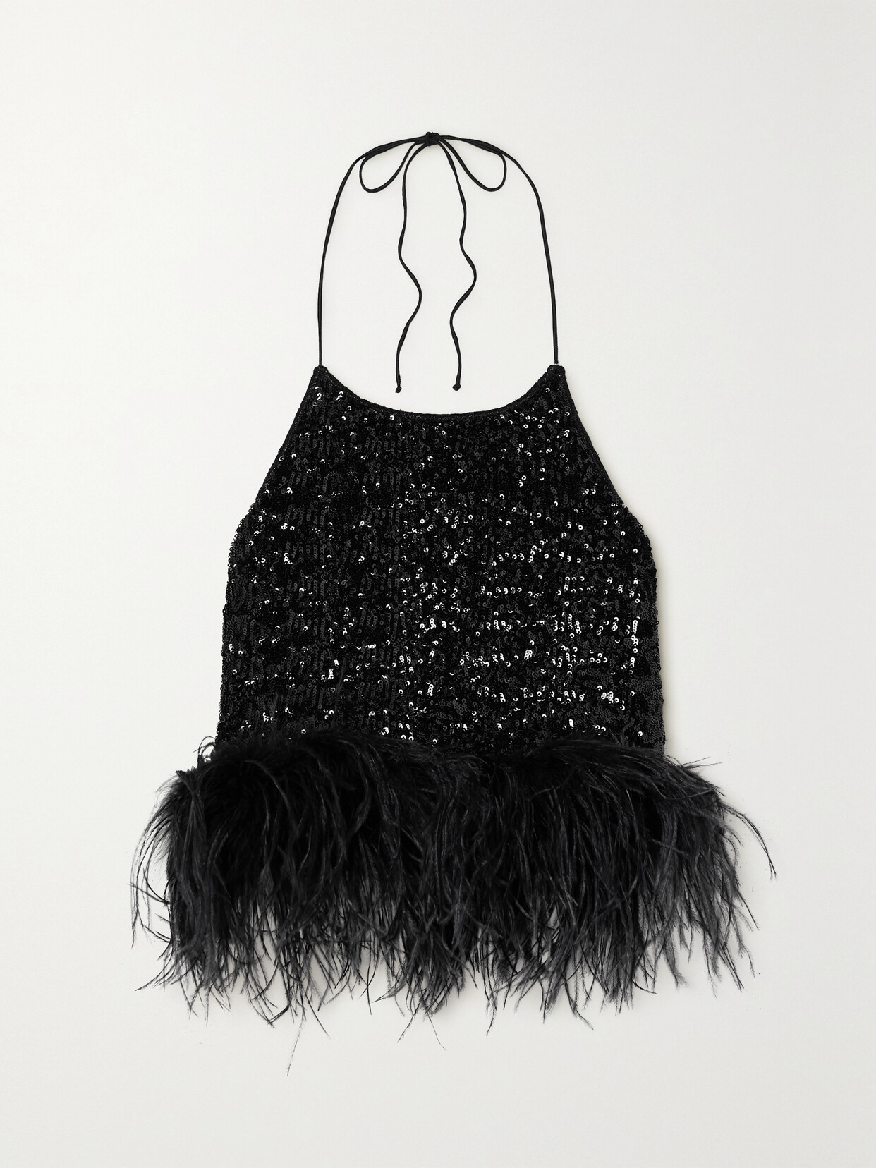 Oséree Feather-trimmed Sequined Tulle Halterneck Top - Black