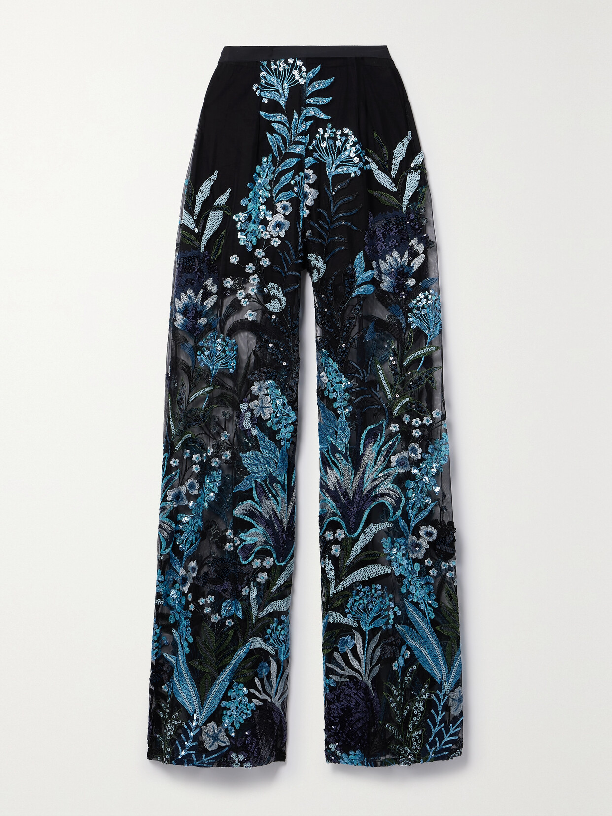 Miguelina Pamela Sequined Embroidered Tulle Wide-leg Pants In Blue