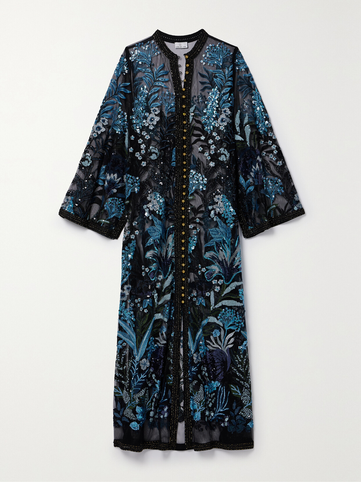 Miguelina Basima Metallic Tweed-trimmed Sequined Embroidered Tulle Kaftan - Blue