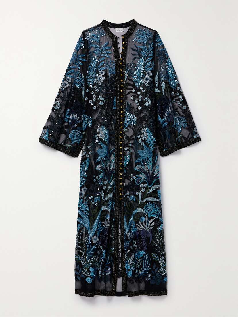 Miguelina Basima Metallic Tweed-trimmed Sequined Embroidered Tulle Kaftan