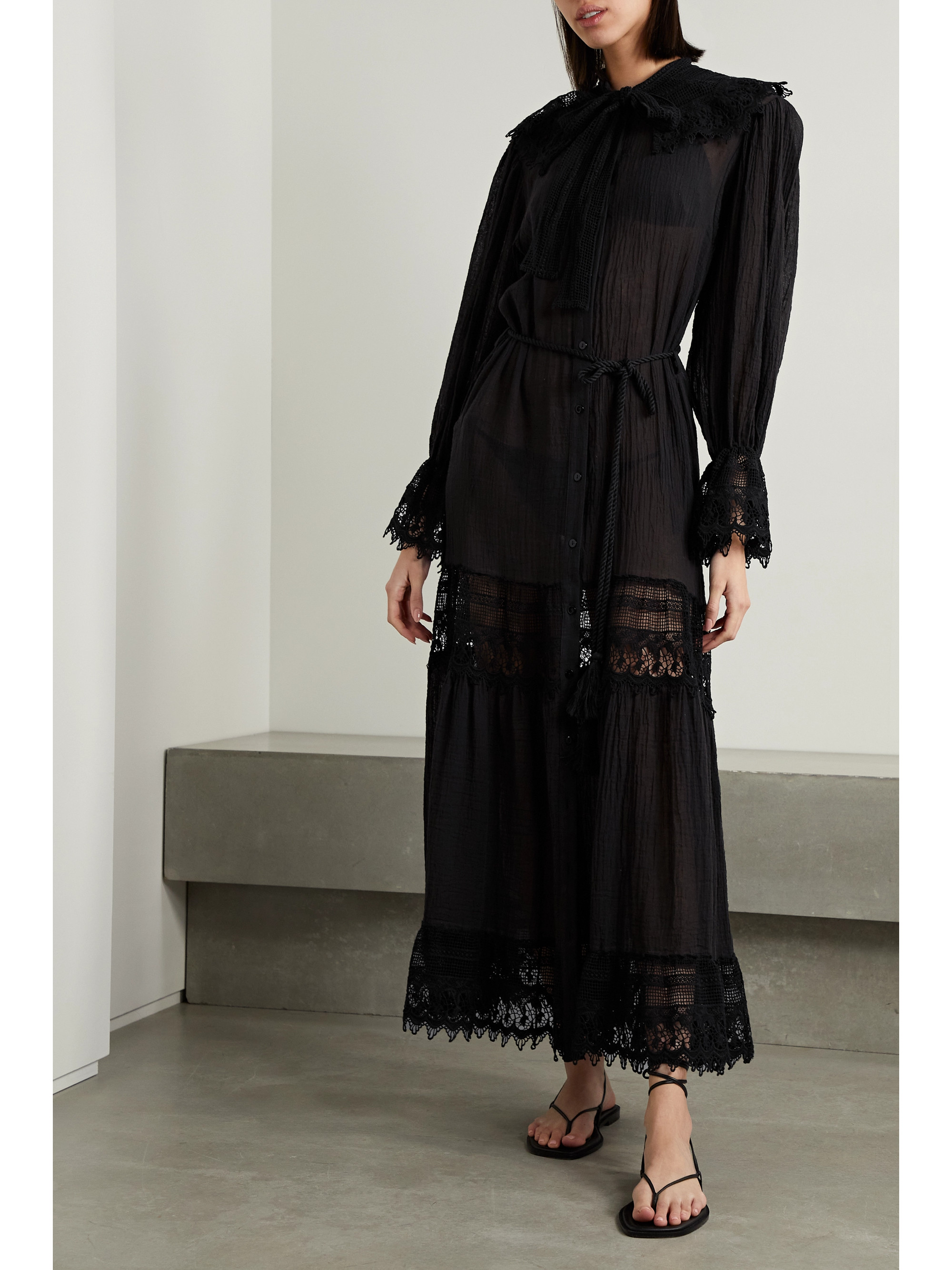 Miguelina Emilline belted lace-trimmed cotton-gauze maxi dress