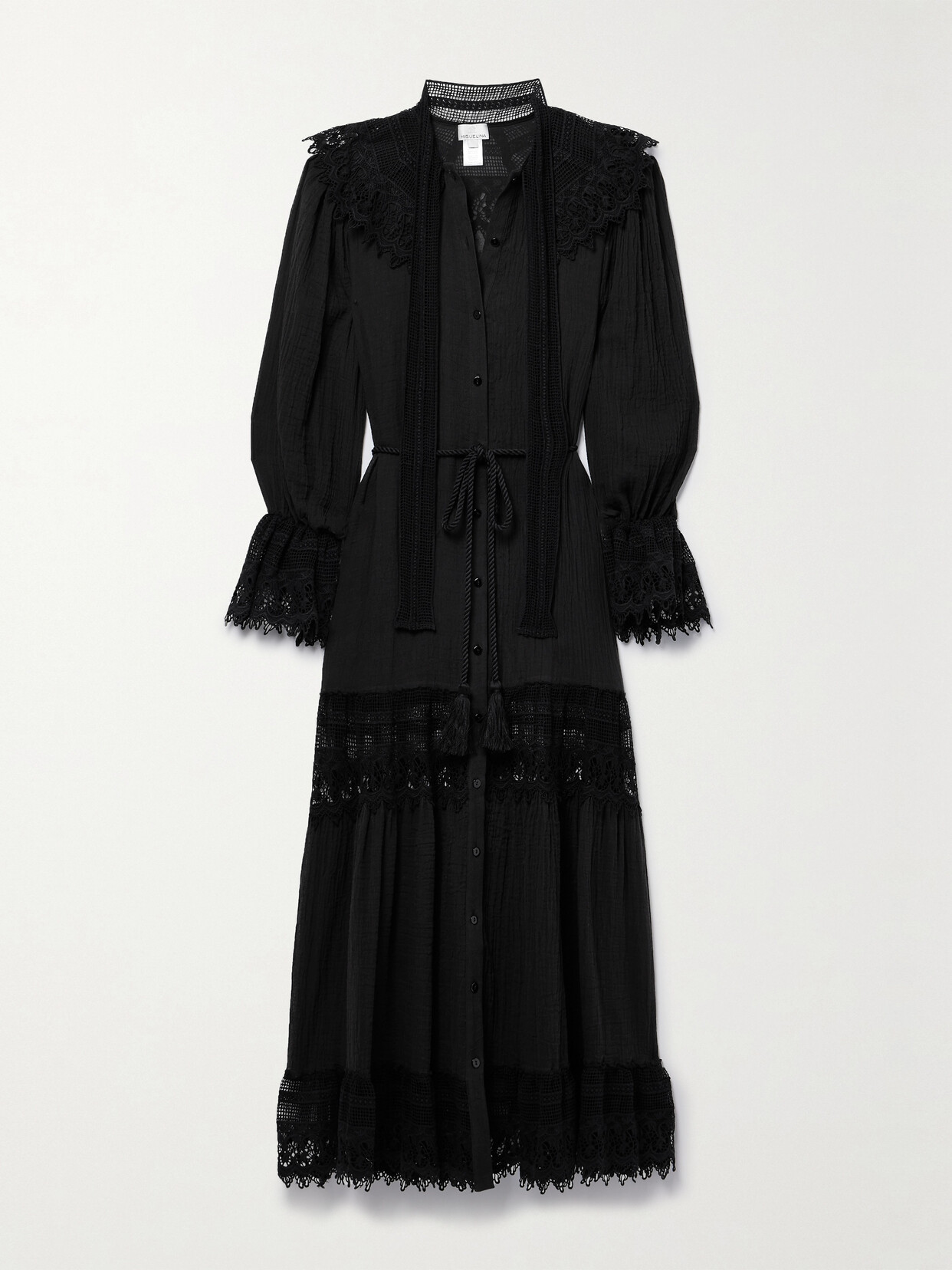 Miguelina Emilline Belted Lace-trimmed Cotton-gauze Maxi Dress In Black